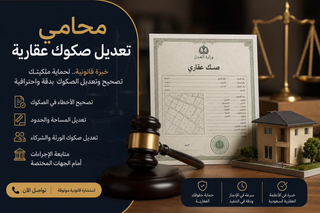 محامي تعديل صكوك عقارية: إجراءات تعديل الصك العقاري وشروطه وأسباب رفض الطلب