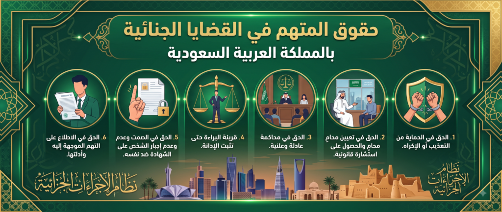 اريد بنر حقوق المتهم في القضايا الجنائية بالسعودية