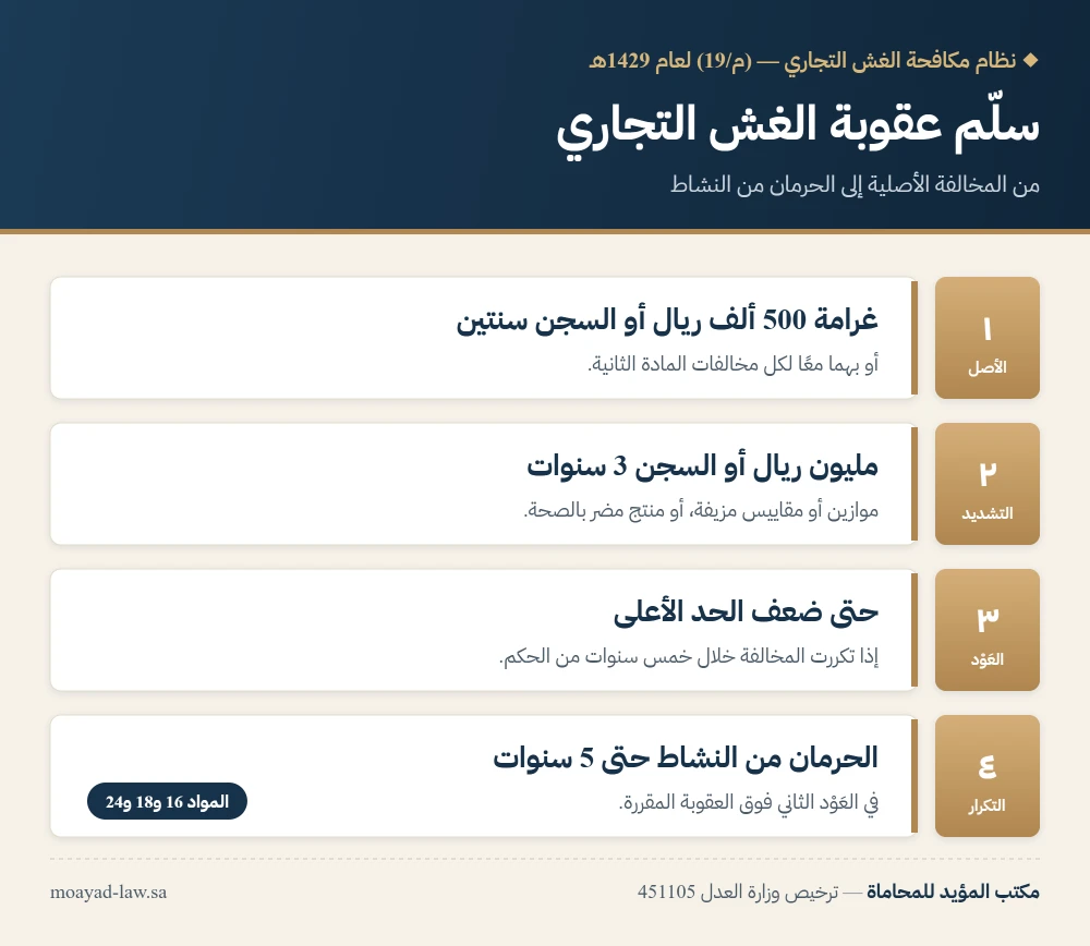انفوجرافيك: سلّم عقوبة الغش التجاري في السعودية من خمسمائة ألف ريال وسنتين إلى مليون ريال وثلاث سنوات والعَوْد