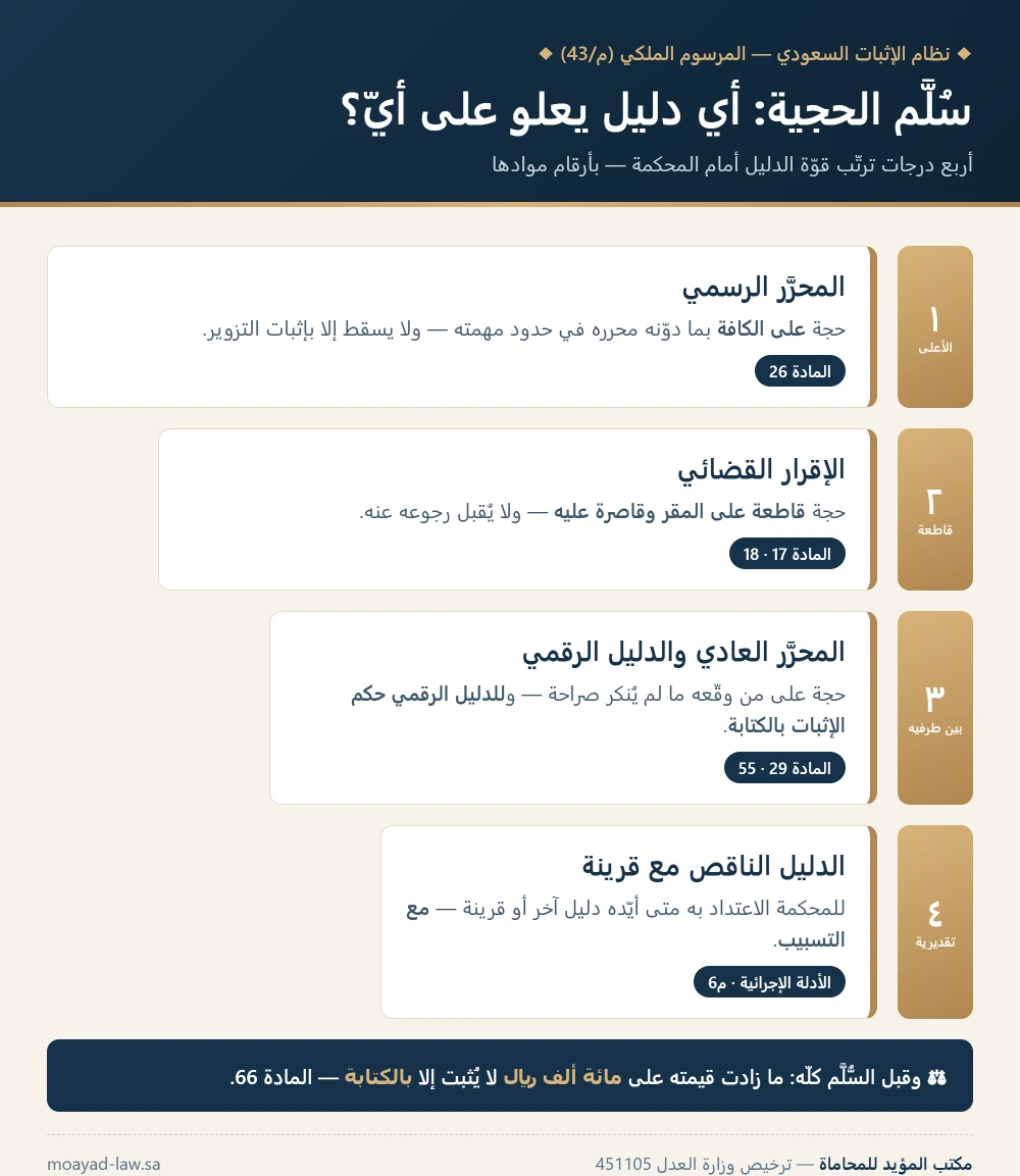 سُلَّم الحجية في نظام الإثبات السعودي: المحرَّر الرسمي ثم الإقرار القضائي ثم المحرَّر العادي والدليل الرقمي ثم الدليل الناقص مع قرينة