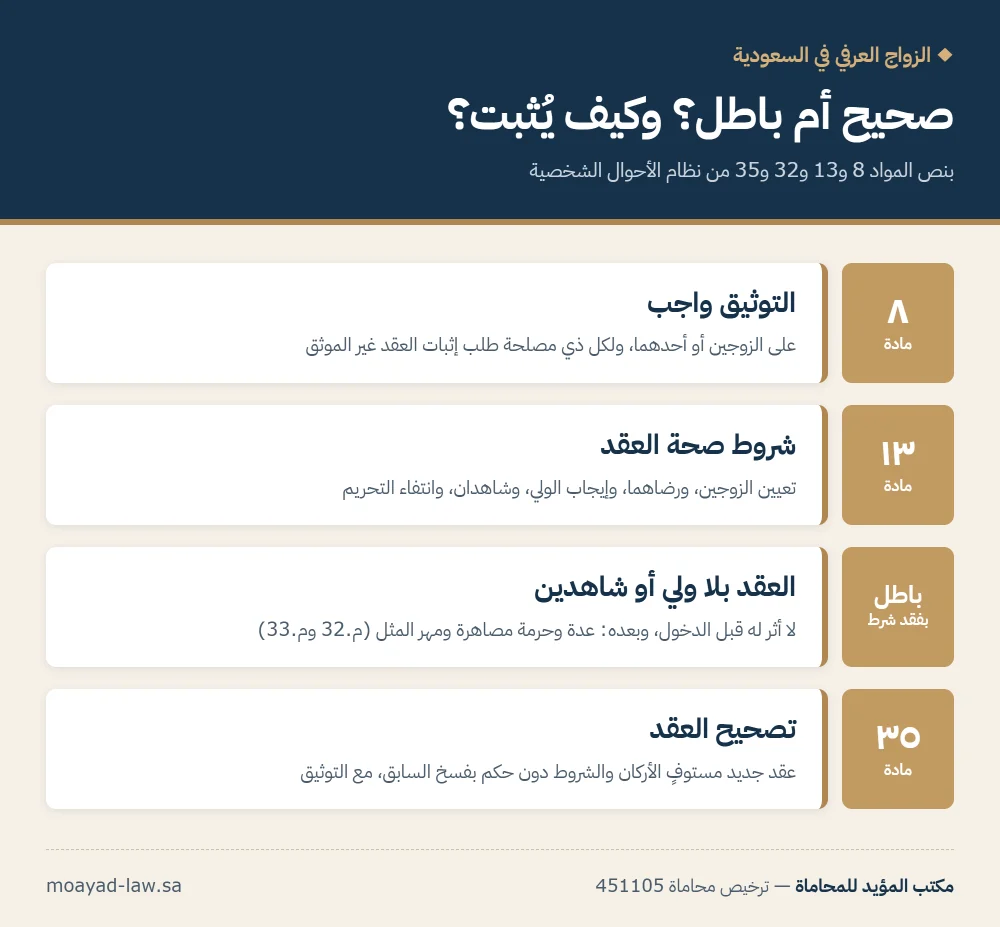 انفوجرافيك: الزواج العرفي في نظام الأحوال الشخصية السعودي — التوثيق واجب، وشروط صحة العقد الخمسة، وبطلان العقد بفقد شرط، وإثبات الزواج غير الموثق أمام المحكمة