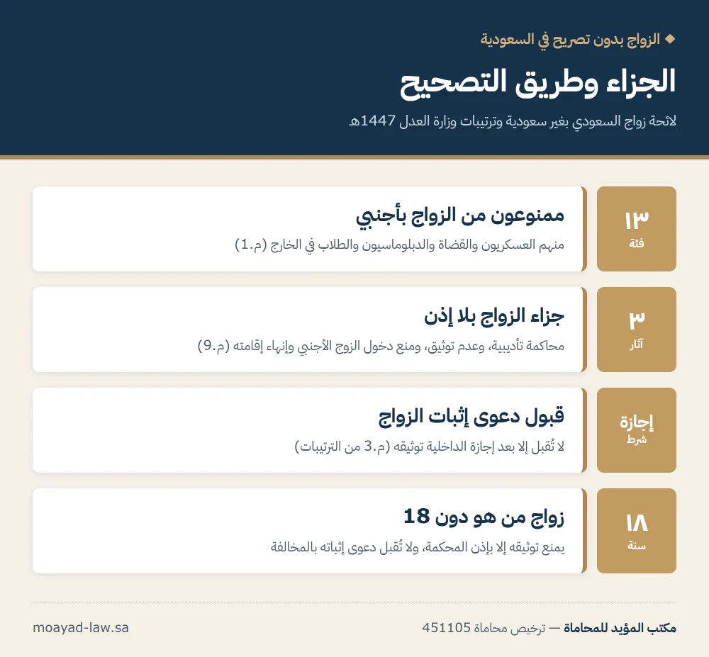 انفوجرافيك: عقوبة الزواج بدون تصريح في السعودية — 13 فئة ممنوعة من الزواج بأجنبي، و3 آثار للمخالفة، وشرط إجازة الداخلية لقبول دعوى إثبات الزواج، ومنع توثيق زواج من هو دون 18 سنة